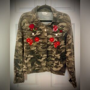 My Girl Camo Up-cycled Floral Jacket - Olive Green with Embroidered Patchss